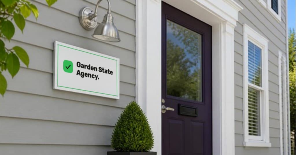 Our sign in Highland Lakes, New Jersey, on a clear morning: the Garden State Agency mark and name beside a deep purple front door.